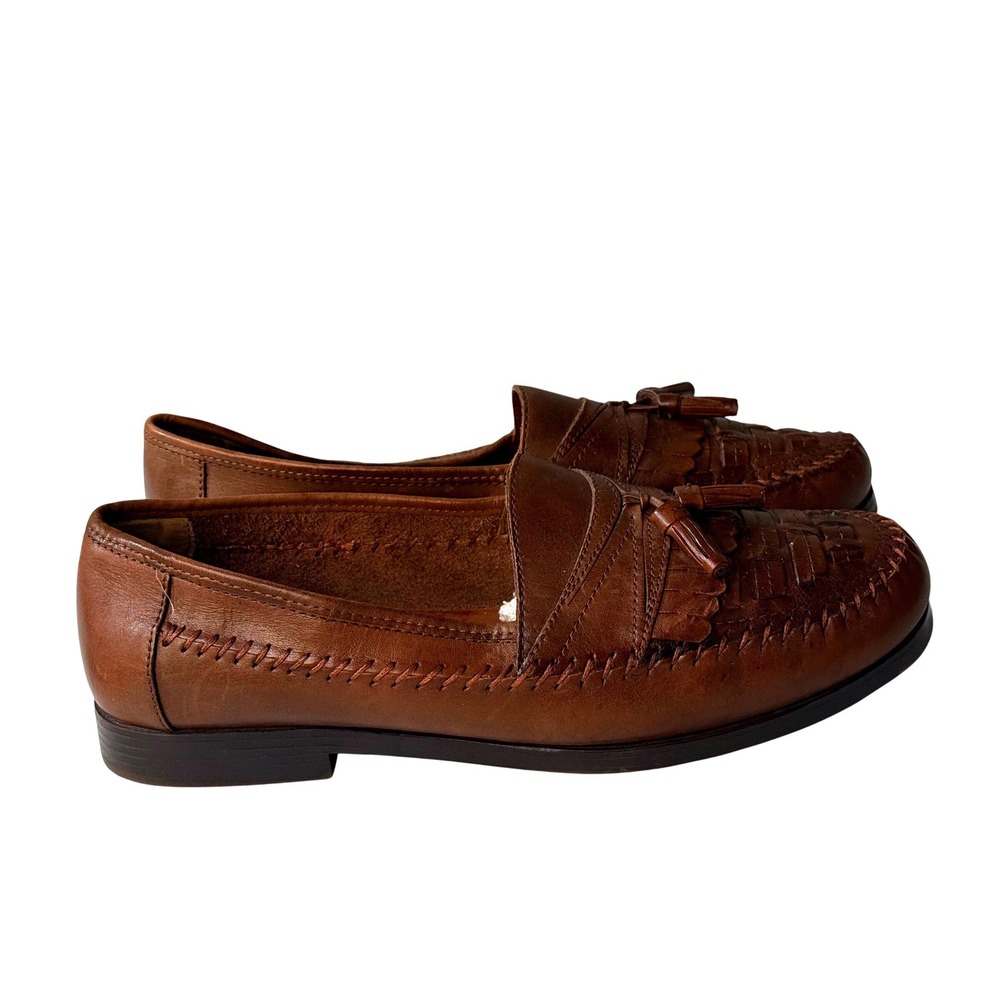 Croft & Barrow Edge Mens 11.5 Wide Brown Leather Tassel Kiltie Woven Loafers